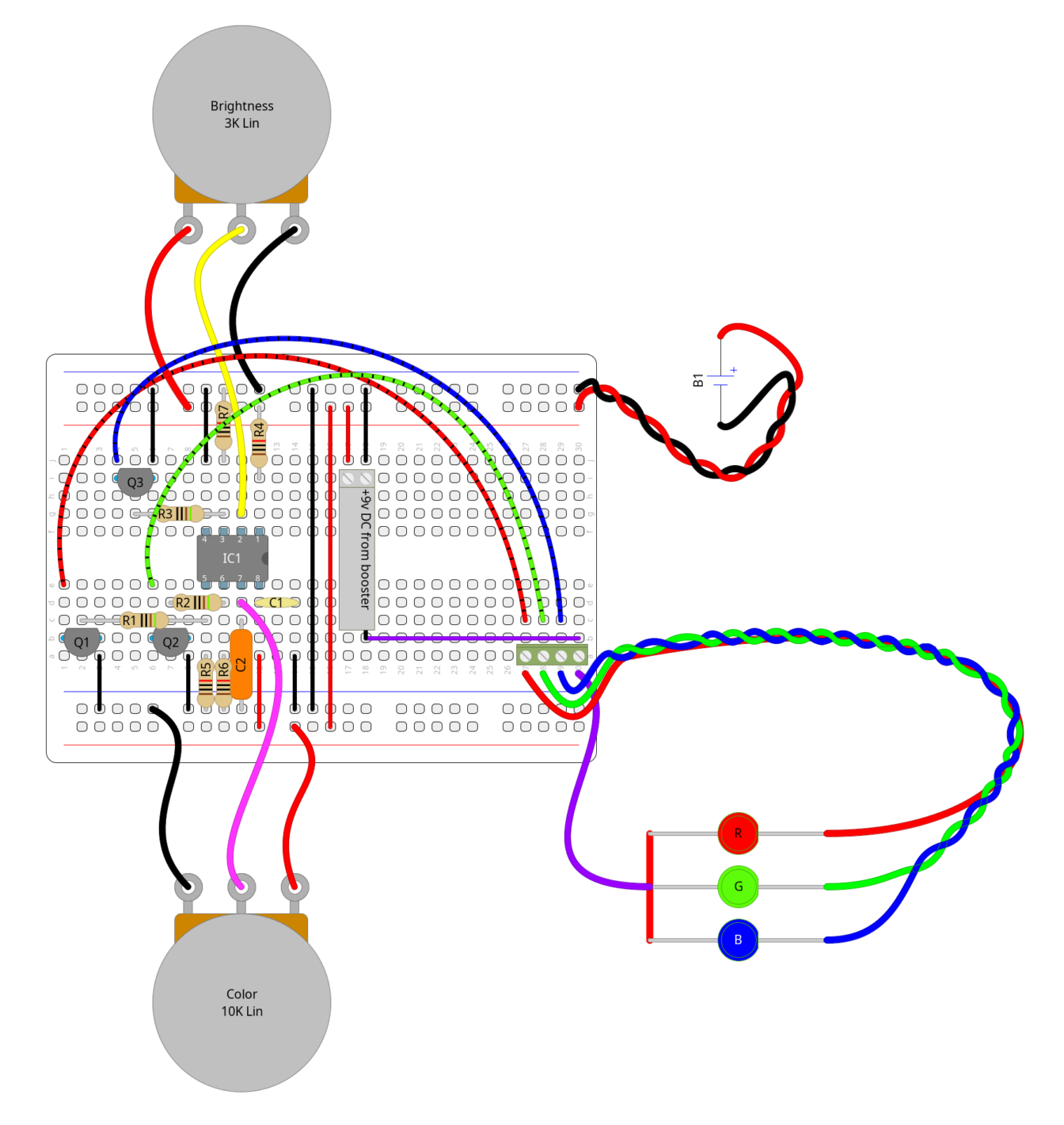 Diagram for ATtiny85 RGB LED controller, designed in DIYLC.